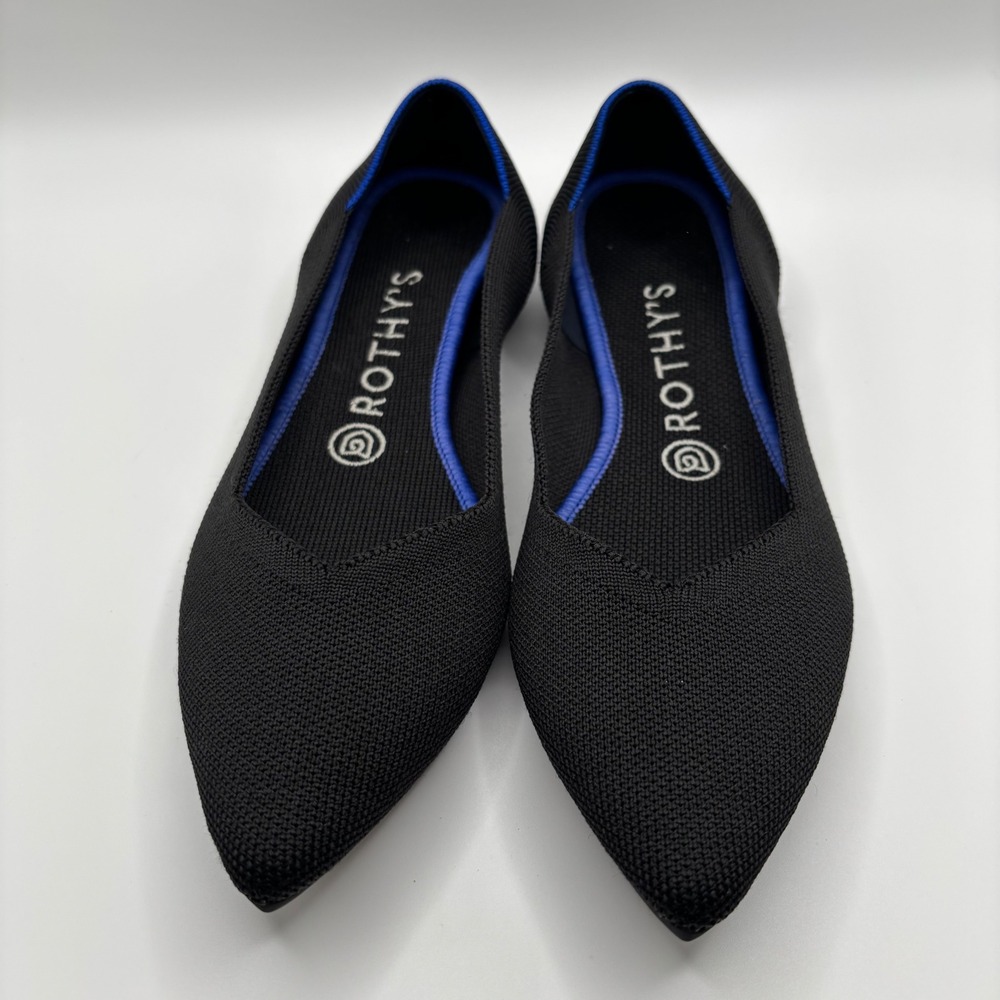 Rothy's Black Pointed Toe Flats with Blue Trim - Picture 3 of 11